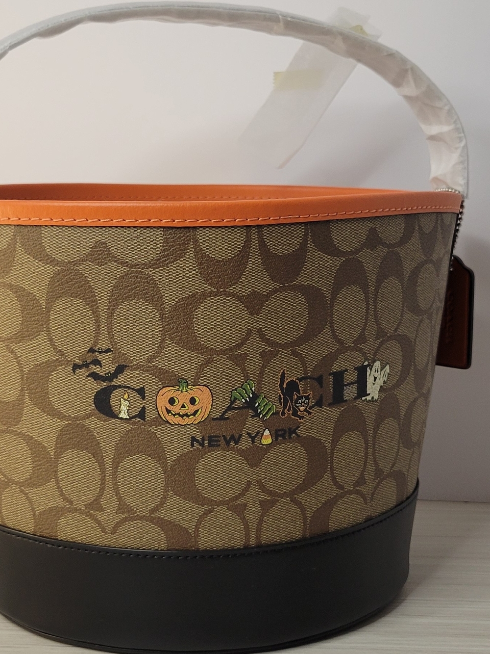 Coach Halloween-Print Signature Bucket Bag in Brown and Orange